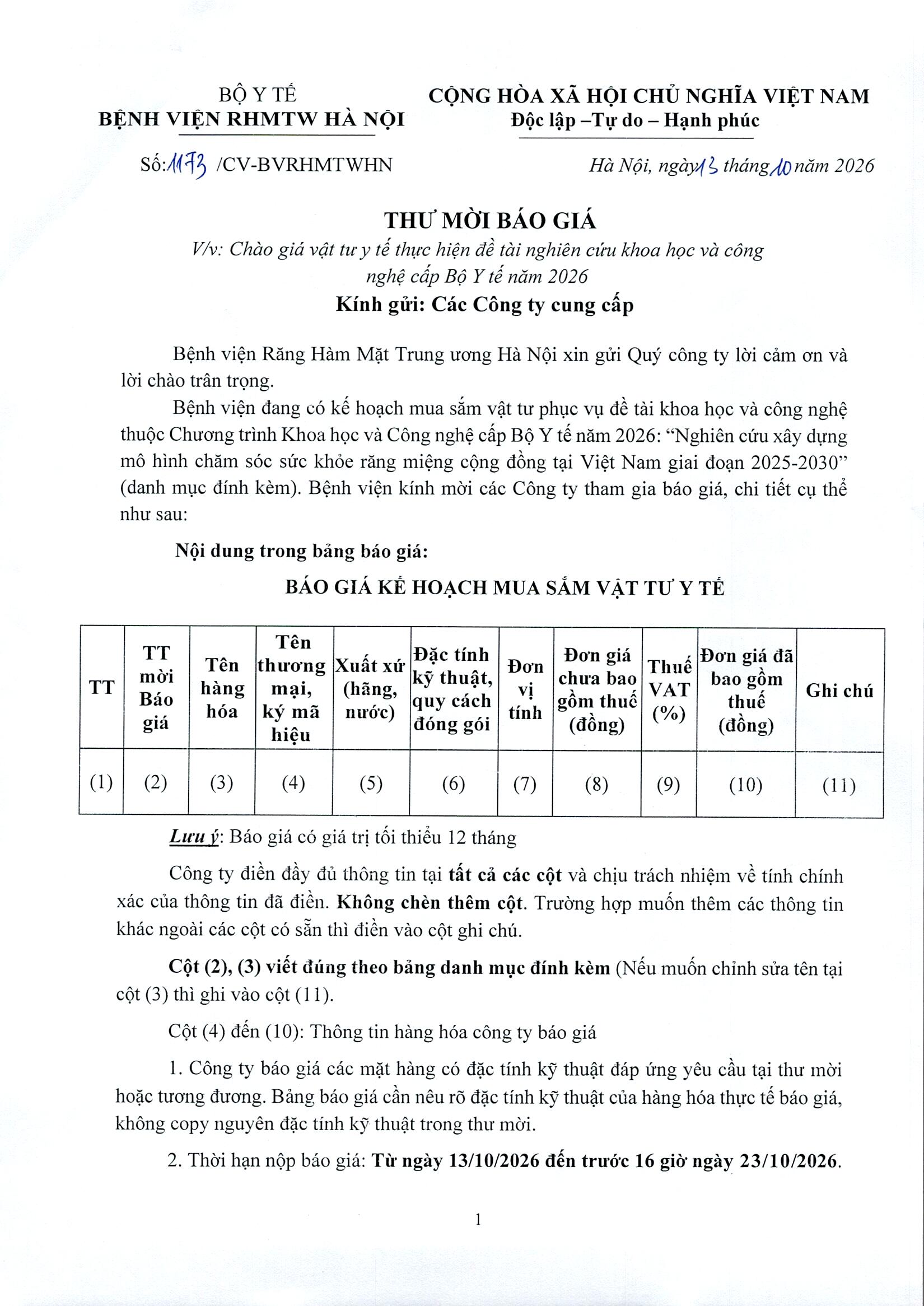 THƯ MỜI BÁO GIÁ: CHÀO GIÁ VẬT TƯ Y TẾ THỰC HIỆN ĐỀ TÀI NGHIÊN CỨU KHOA HỌC VÀ CÔNG NGHỆ CẤP BỘ Y TẾ NĂM 2026